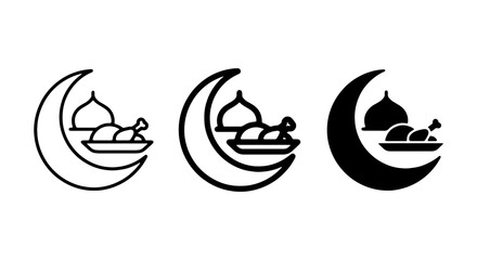 Ramadan Iftar Meal Icons, Crescent Moon with Food Plates, Islamic Holiday Symbols © Samim