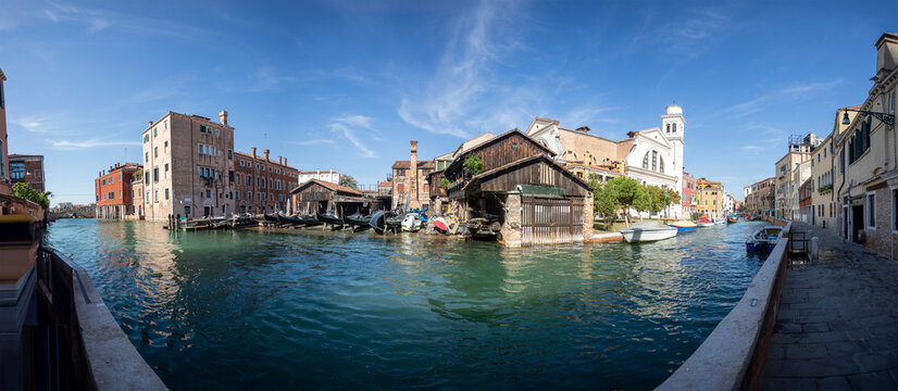 Panoramic View of Venetian Canal and Boatyard, Venice, Italy