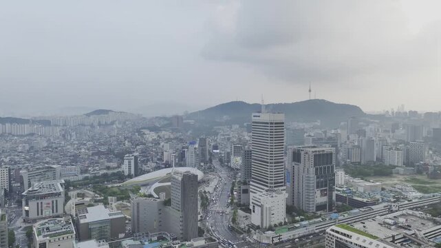 Aerial Drone View of Jongno Cityscape near Dongmyo Station and DDP Dongdaemun Design Plaza in Seoul, South Korea