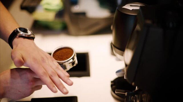 Barista leveling ground coffee in portafilter then placing it into espresso machine group head clip.