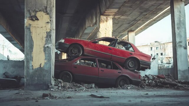 Wrecked cars resting precariously beneath damaged overpass, revealing devastating earthquake's destructive impact on urban infrastructure