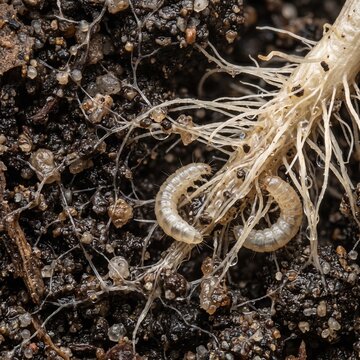 Creative Macro view of soil pests and larvae attacking plant roots, underground garden infestation, agricultural crop damage by root-eating worms and insects 2k