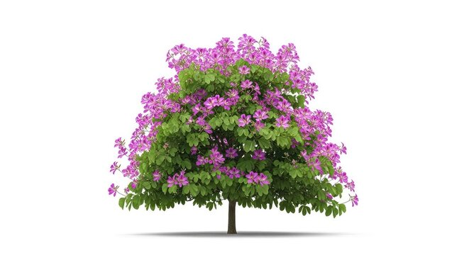 Detailed Bauhinia purpurea tree showcasing purple blossoms and twin-lobed foliage, perfectly cutout on a clean and bright white background, foliage, petals, clean
