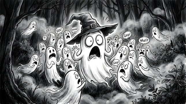 Group of scared ghosts in a dark forest, one wearing a witch hat