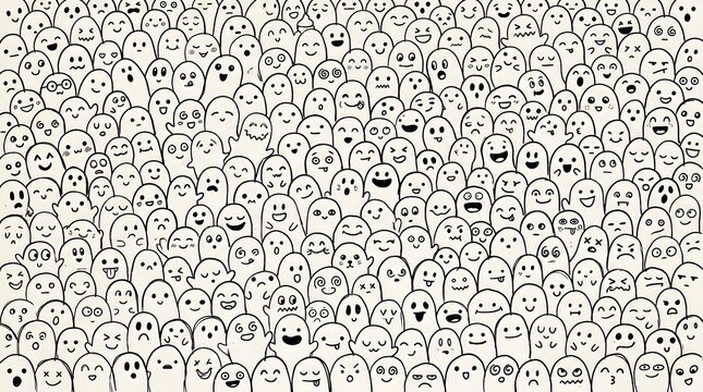 A pattern of many handdrawn doodle ghosts with various funny expressions and emotions on a light background