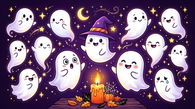 Cute cartoon ghosts with a witch hat and candle in a starry night