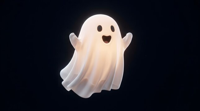 Cute glowing cartoon ghost character floating in the dark