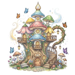 Obraz premium Watercolor Fairy Garden Clipart Whimsical Fairy House Flowers Wings Illustration
