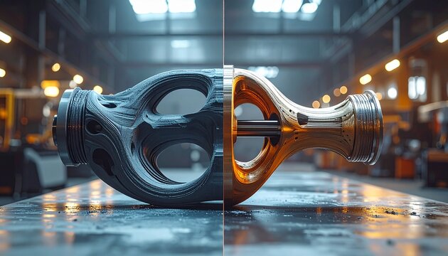 Industrial Piston Engine Parts in a Warehouse Setting with Moody Lighting