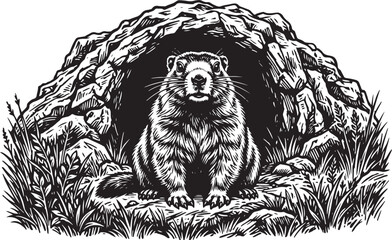Fototapeta premium Detailed illustration of a marmot standing in front of a rocky burrow