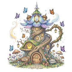 Obraz premium Watercolor Fairy Garden Clipart Whimsical Fairy House Flowers Wings Illustration