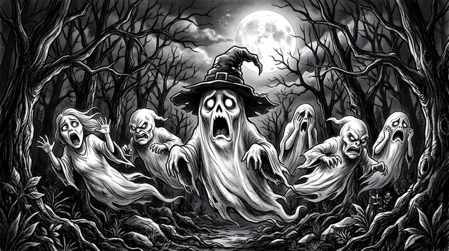 Spooky ghosts in a dark haunted forest under a full moon
