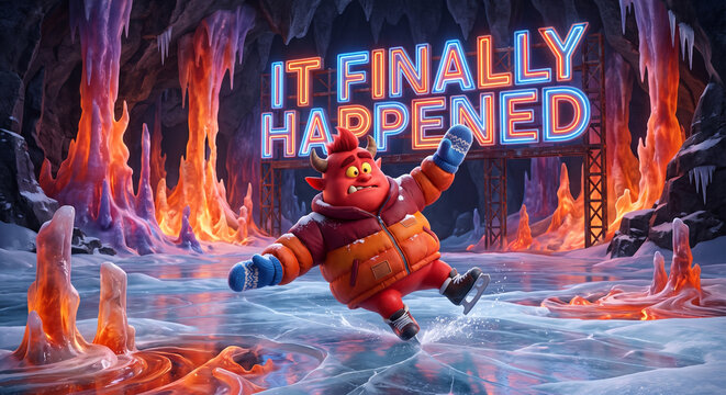 Funny red anthropomorphic demon with awkward mood ice skating in a puffy winter jacket on a frozen lake of fire with IT FINALLY HAPPENED neon sign against icy fantasy background