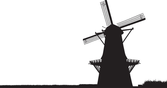 Black silhouette of a traditional dutch windmill with large blades standing in a rural field isolated on transparent background, Vector