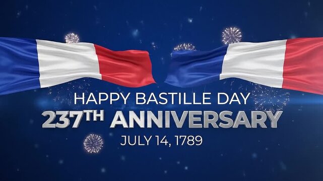 Waving France flags with Bastille Day anniversary celebration text on blue background