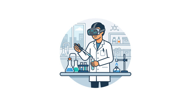 Scientist in VR headset conducting experiment in modern laboratory