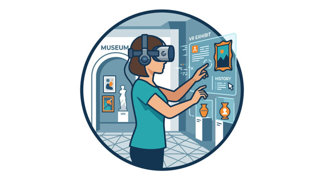 Woman in VR headset explores virtual museum with interactive digital display