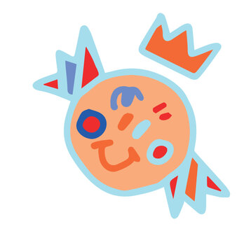 Cute candy character doodle with smiling face and orange crown