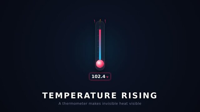 Sleek glass thermometer rising with glowing liquid shifting from blue to red. Heat wave animation with temperature rising typography. Abstract CGI animation for science and weather presentation