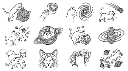 Cute Cat Illustrations: Space, Planets, Yarn and Constellations - Line Art © Akun