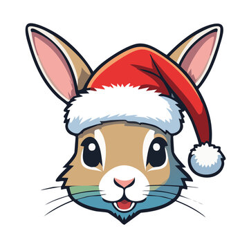 Cartoon Rabbit Head with Santa Hat