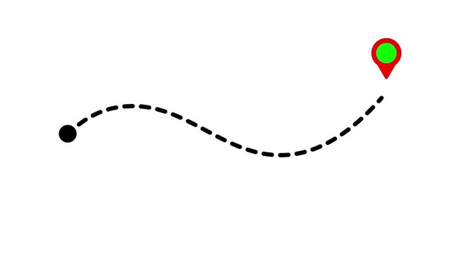 Animated Dashed Route Line with Red Map Pin GPS Navigation Location Tracker on white background. 4K