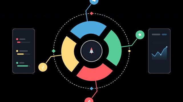 Rotating circular dashboard with color segmented charts, line graph, and progress bars.
