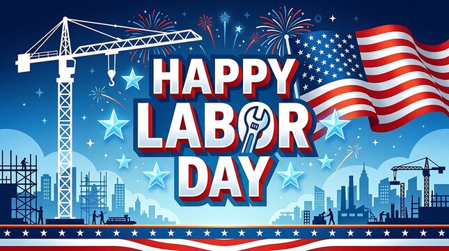 Happy labor day celebration with american flag and construction symbols