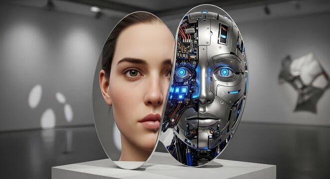 Surreal Art Installation Depicting Human Face and Robot Cyborg Reflection in Modern Gallery Setting