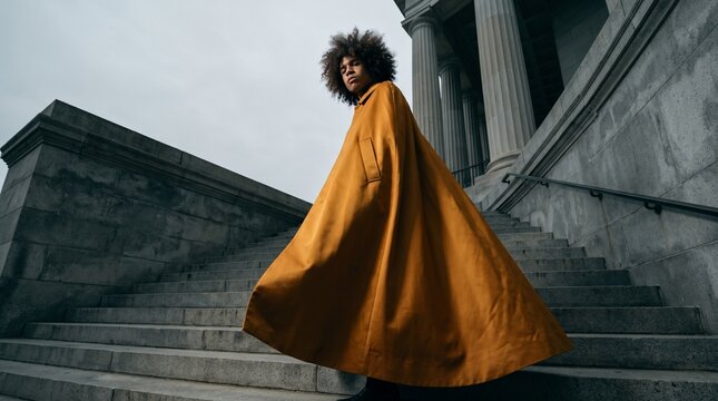 Woman in Golden Coat on Classical Stone Steps