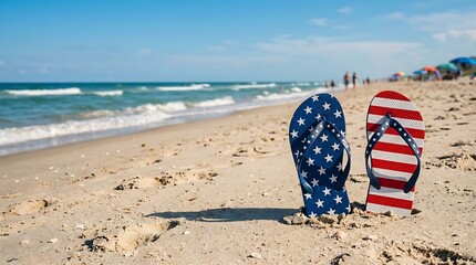 Labor day beach scene patriotic flip flops on sandy shore