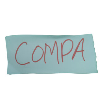 Blue sticky note with handwritten word compa isolated on transparent background