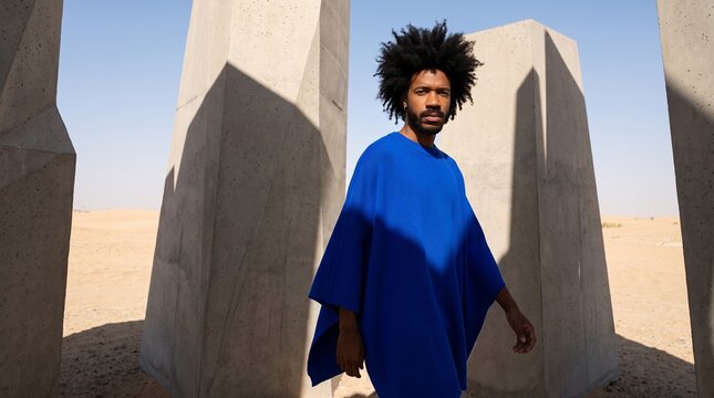 Man Standing Among Concrete Pillars in Desert Landscape