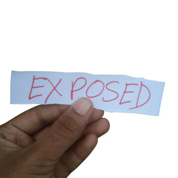 Hand holding a paper strip with the word exposed written isolated on transparent background