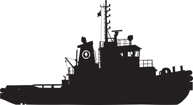 Black silhouette of a powerful tugboat vessel used for towing large ships in a harbor or port setting isolated on transparent background, Vector