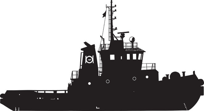 Black silhouette of a powerful tugboat ship used for towing large vessels in a harbor or port isolated on transparent background, Vector