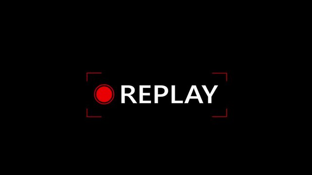 Glowing red record button loop with white replay text on transparent alpha channel background. Ideal for gaming hoed interface, sport broadcast, video editing projects, and stream overlay.