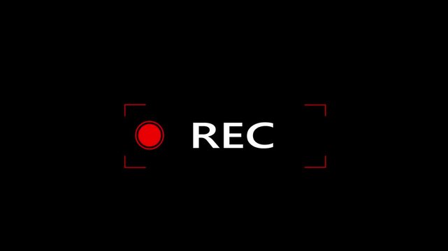Animated video recording indicator icon with white rec text and blinking red dot on black backdrop. Perfect for camera viewfinder ui simulation, vlog overlay, and live stream.
