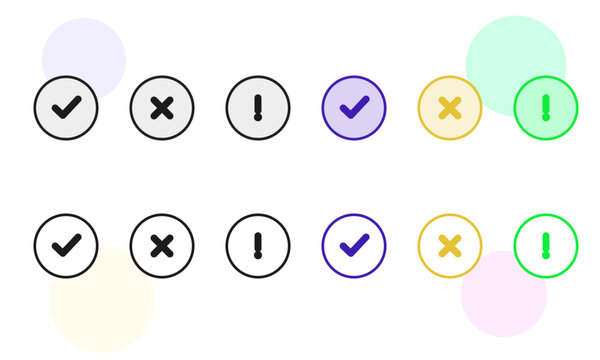 Minimalist checkmark and cross icon set, flat vector validation symbols for UI design, colorful status notification buttons for web and mobile apps