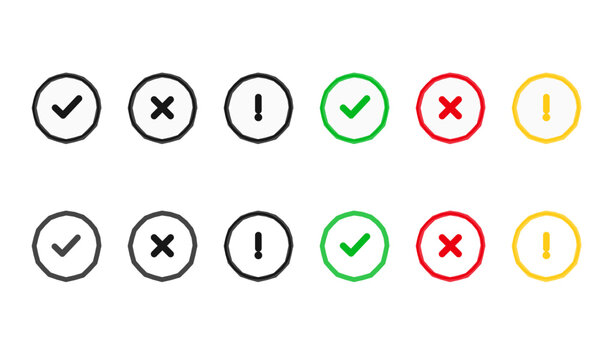 Minimalist checkmark and cross icon set, flat vector validation symbols for UI design, green tick and red x marks for status notification