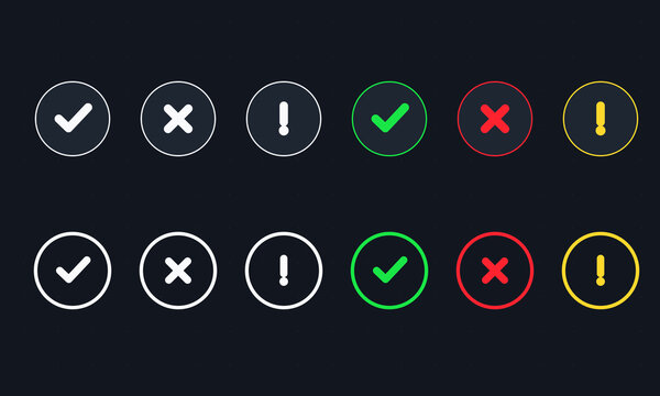 Minimalist checkmark and cross icon set, flat vector validation symbols for UI design, green tick and red x marks for status updates