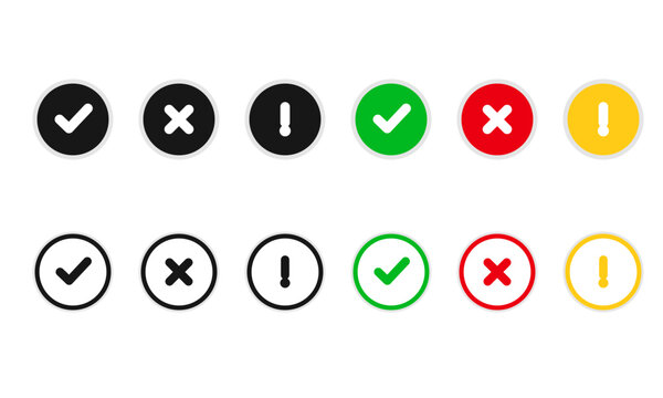 Minimalist check mark and cross icon set, 12 vector symbols for UI design, green tick and red x marks with yellow exclamation points for web interface