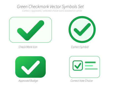Green checkmark vector symbols set, correct approved selected choice icons, green check mark icon and approved badge collection on white