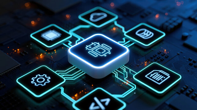 Futuristic infographic layout glowing rounded square central microchip icon blue circuit board digital technology neon connection glowing interface abstract network computer hardware data flow