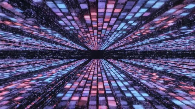 Abstract digital tunnel with glowing blue and pink square lights