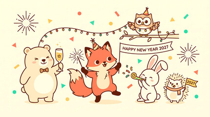 Obraz premium Cute animals celebrating a party with confetti and lights in a whimsical hand drawn style