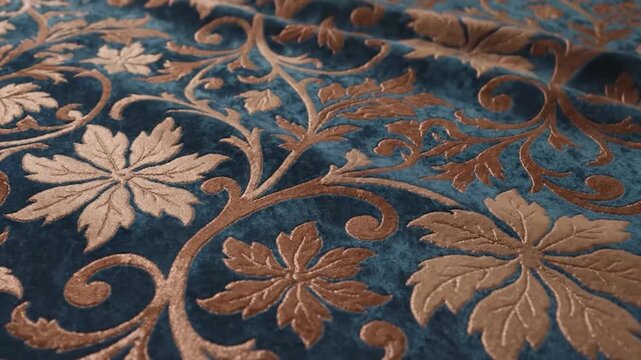 Elegant blue velvet fabric with golden floral damask pattern