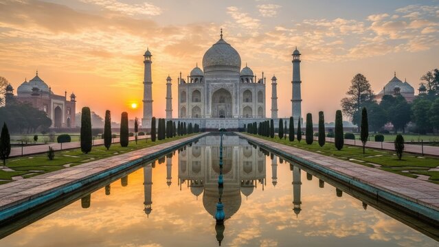 Taj Mahal white marble mausoleum reflecting in water at sunrise.