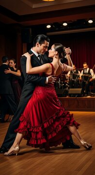 Elegant Tango Couple Dancing on Wooden Floor in Ballroom