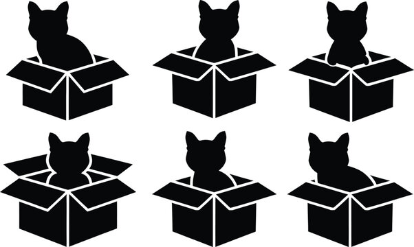 Cute black cat silhouettes inside cardboard boxes vector illustration